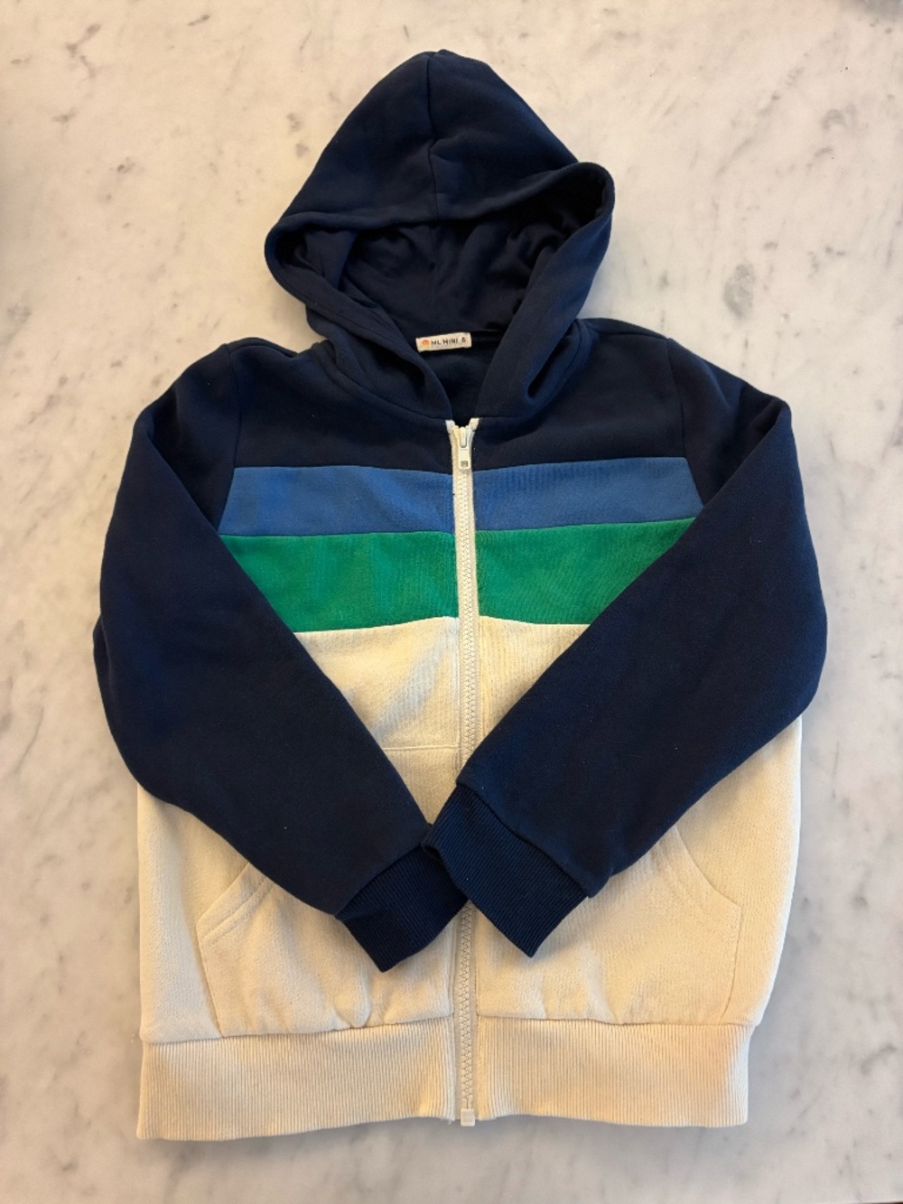 Marine Layer Mini Boys Colorblock Full-Zip Hoodie Size 8 Navy Blue Green Cream